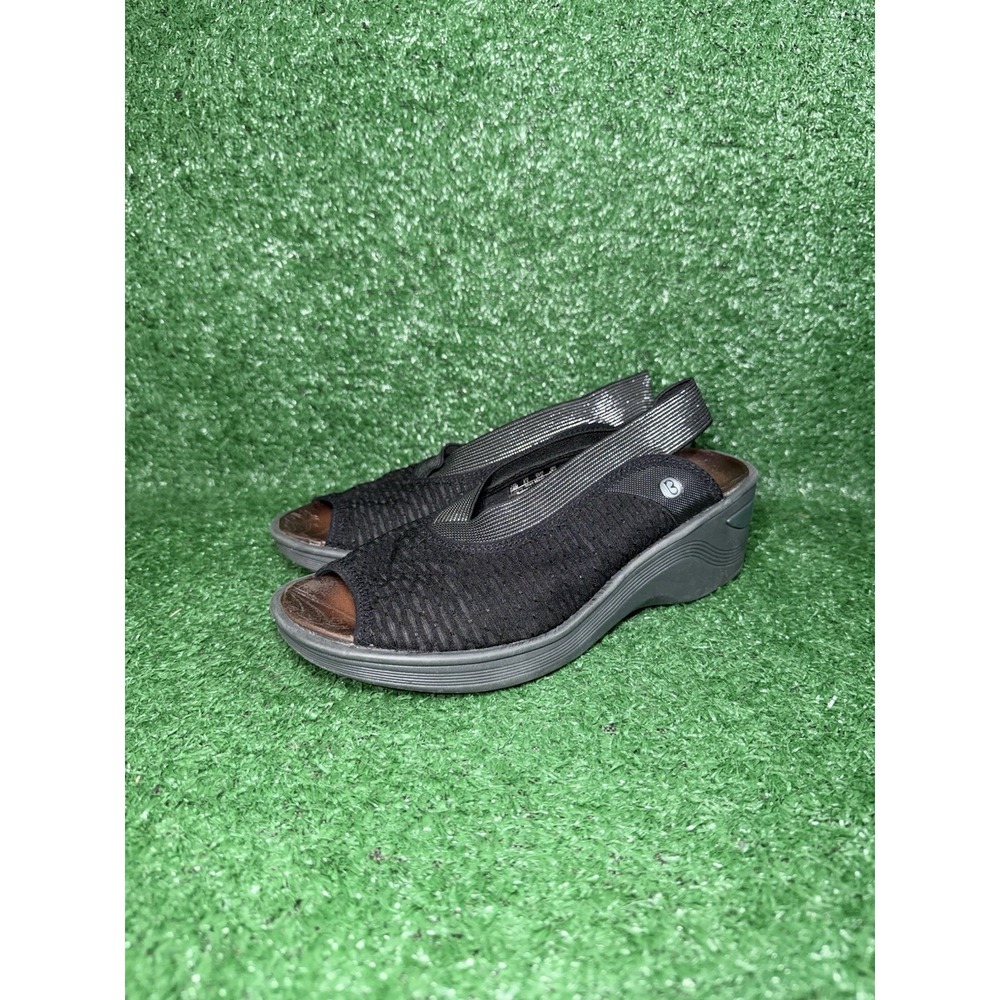BZees Sandals Womens 7.5M Dream Black Strappy Peep Toe Slingback‎ Wedge Slip On - Picture 3 of 9